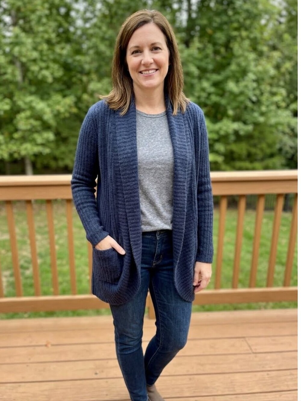 Barefoot Dreams CozyChic Lite Circle Cardigan Sweater Indigo Dark Blue- Medium